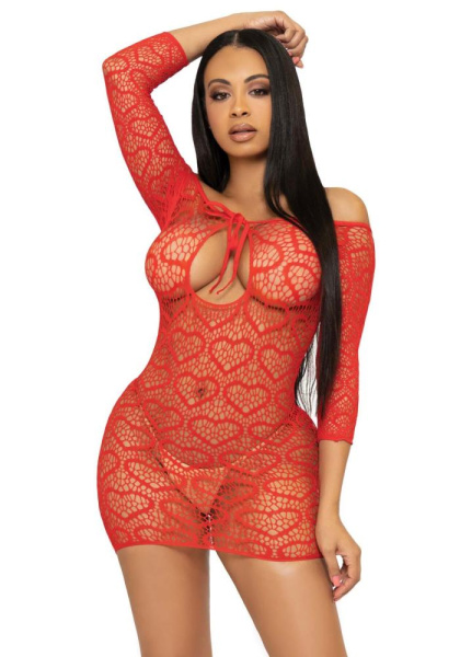 Платье-сетка с сердечками Leg Avenue Heart net mini dress Red, завязки, открытые плечи, one size