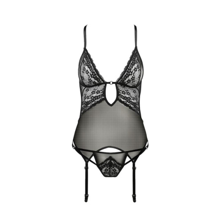 Корсет с декольте ERZA CORSET black L/XL - Passion, пажи, трусики, полупрозрачный || 