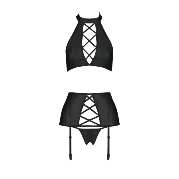 Комплект из эко-кожи с имитацией шнуровки Nancy Set black L/XL - Passion топ, трусики и пояс для чул