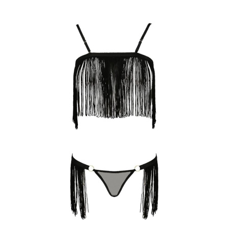 Комплект белья KASSANDRA SET OpenBra black S/M - Passion Exclusive: лиф из бахромы, трусики-юбка || 