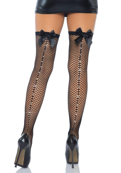 Чулки-сетка со швом сзади Leg Avenue Bow back seam thigh highs One size Black, атласный бант