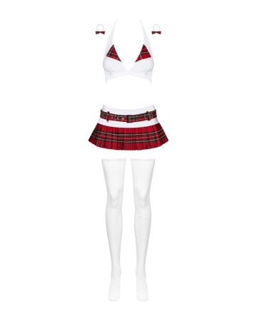 Эротический костюм школьницы с мини-юбкой Obsessive Schooly 5pcs costume L/XL бело-красный, топ, юбк || 