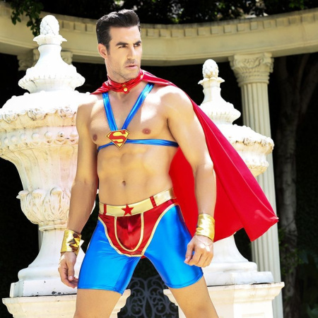 Мужской эротический костюм супермена "Готовый на всё Стив" One Size: плащ, портупея, шорты, манжеты || 