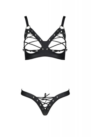 Комплект из экокожи Passion Celine Bikini 4XL/5XL black, открытый бра, стринги со шнуровкой || 