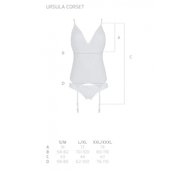Корсет с пажами, трусики с ажурным декором и открытым шагом Ursula Corset white L/XL — Passion
