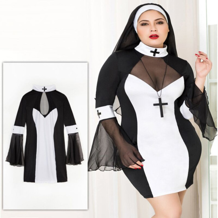 Эротический костюм монашки JSY «Грешница Лола» Plus Size Black, платье, крест, апостольник || 