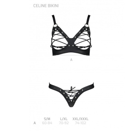Комплект из экокожи Celine Bikini black L/XL — Passion: открытый бра с лентами, стринги со шнуровкой || 