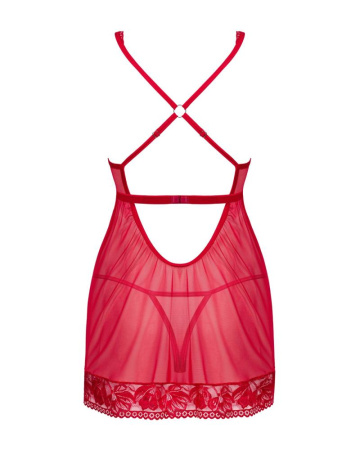 Прозрачная сорочка бэби-долл Obsessive Lacelove babydoll & thong XL/2XL Red, кружево, стринги || 