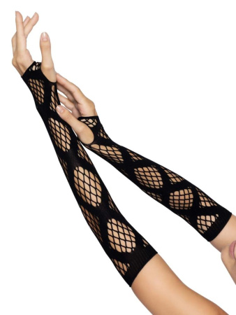Длинные митенки Leg Avenue Faux wrap net arm warmers One size Black, крупная сетка || 