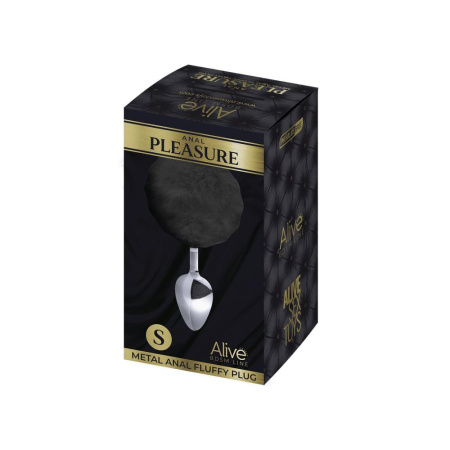 Металлическая анальная пробка Кроличий хвостик Alive Fluffy Plug S Black, диаметр 2,8 см || 