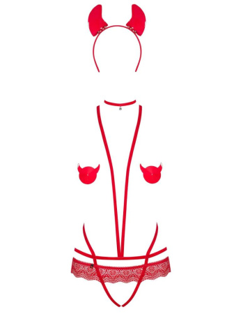Эротический костюм чертика из стреп Obsessive Evilia teddy red S/M, боди, чокер, накладки на соски, || 
