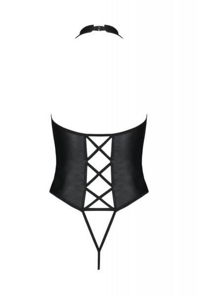 Боди из экокожи Passion Nancy Body 4XL/5XL black, с имитацией шнуровки и открытым доступом