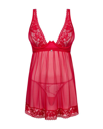 Прозрачная сорочка бэби-долл Obsessive Lacelove babydoll & thong XL/2XL Red, кружево, стринги || 