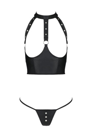 Комплект белья с открытой грудью Passion GENEVIA SET WITH OPEN BRA L/XL black, корсет, стринги || 