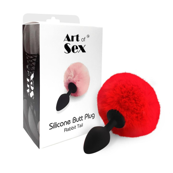 Силиконовая анальная пробка М Art of Sex - Silicone Bunny Tails Butt plug Red, диаметр 3,5 см