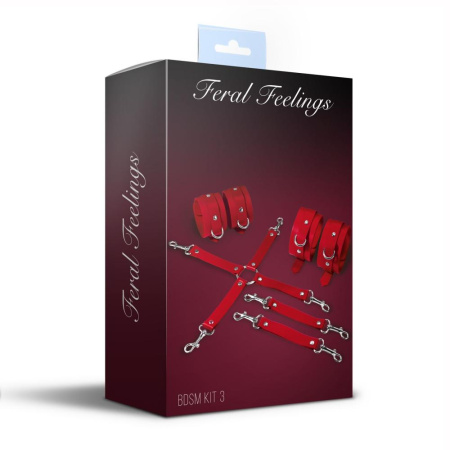 Набор для БДСМ 3 в 1 Feral Feelings BDSM Kit 3 Red, red, наручники, поножи, крестовина || 