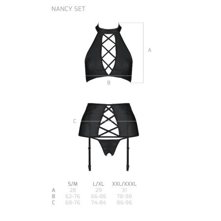 Комплект из эко-кожи с имитацией шнуровки Nancy Set black S/M - Passion топ, трусики и пояс для чуло || 