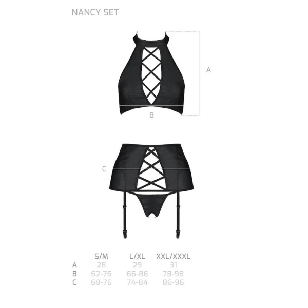 Комплект из эко-кожи с имитацией шнуровки Nancy Set black S/M - Passion топ, трусики и пояс для чуло